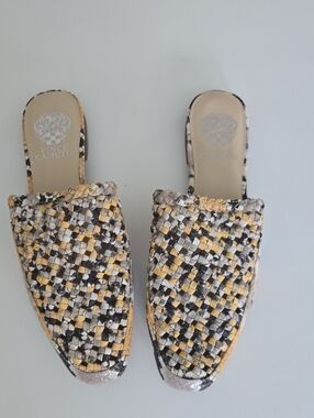 Vince Camuto Woven Slip-On Mules in Yellow, Black & White